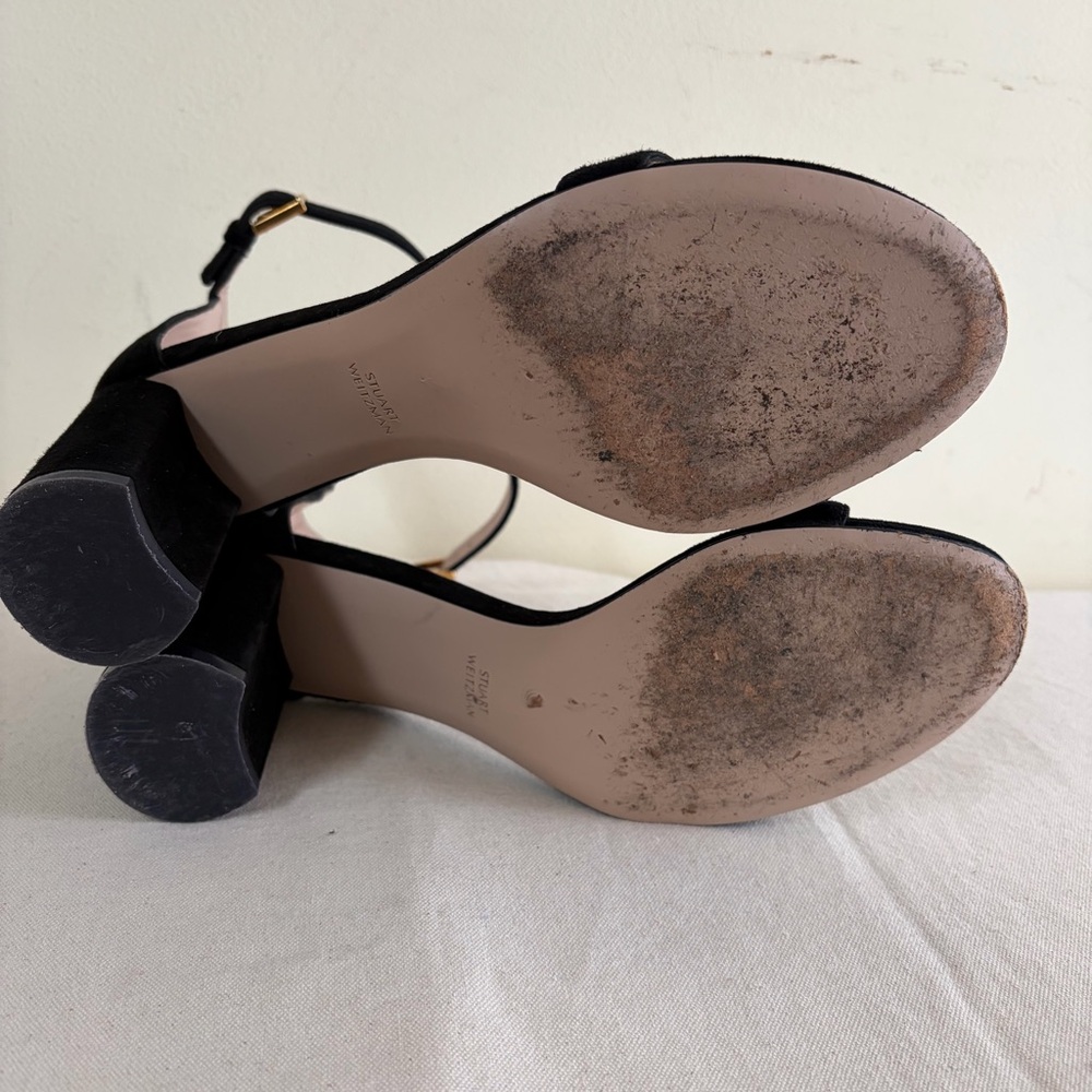 Stuart Weitzman sandals sz 8 Black Suede Ankle-Strap Block Heels - Picture 6 of 11